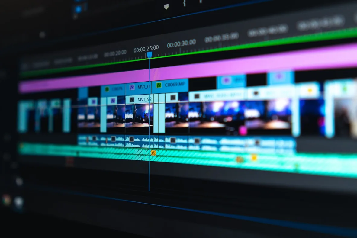 Marketing team editing video content in a production workspace